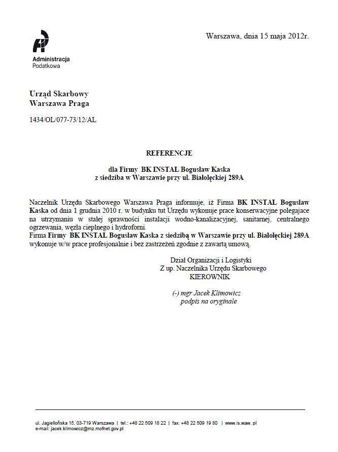 Skan referencji: Urząd Skarbowy Warszawa Praga
