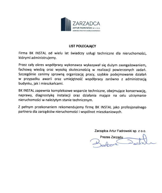 Skan referencji: Zarządca Artur Fadrowski